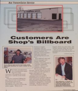 Transmission Digest Magazine article with the headline, "Customers Are Shop's Billboard."